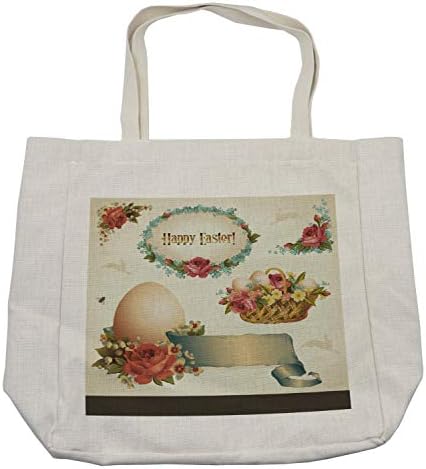 Ambesonne велигденска торба за купување, романтична корпа за полнење со цвеќиња со јајца гроздобер дизајн инспирација носталгична шема,