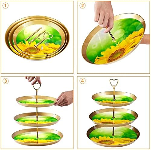 Yellowолти сончогледи Ливчиња Зелена сончева земја држач за чаши за тесто, 3 нивоа пластична торта штанд за десерт маса, кула кула кула затегнување