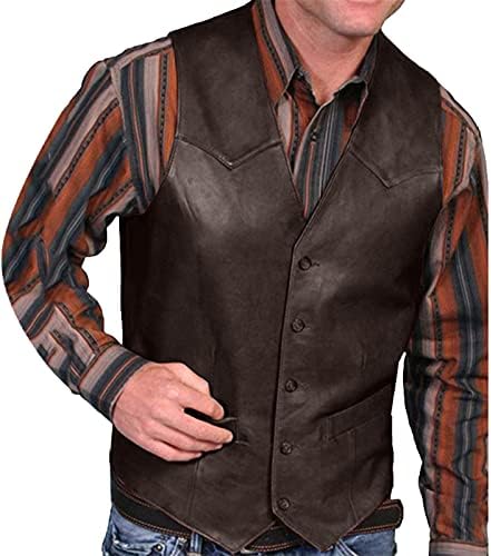 Zdfer Men's Retro Leather Leather Vest, плус копче без ракави V вратот на вратот, цврста боја гроздобер елеци со џебови, camisa para hombre