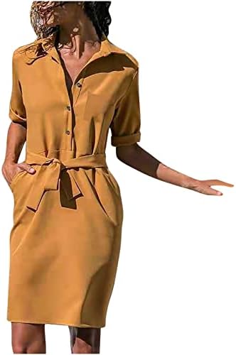 Женски летен работен фустан симпатична копче за појас на јака со кратки кошула фустани 3/4 ракав V врат канцеларија маица фустан