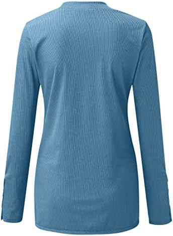 Женски 2022 есенски мода со долги ракави плетени плетени кошули против вратот обичен Хенли врвови тенок фитн копче надолу блузи туника