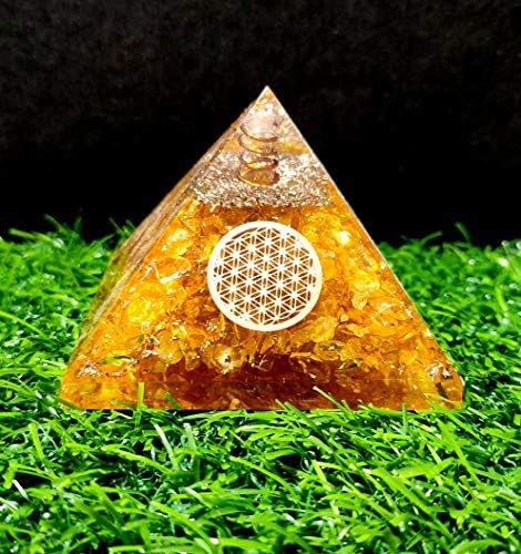 Sawcart комбо на цитрински оргон кристал пирамида со симбол на цвет на живот и 4 парчиња природен суров груб камен за позитивен генератор на