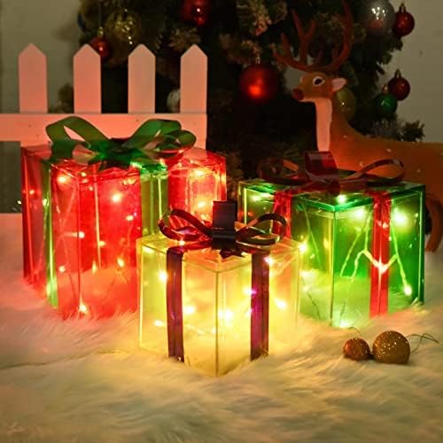CovFever Божиќни осветлени кутии, сет од 3 црвени зелени жолти Божиќ 60 LED бели осветлени Божиќни кутии, презентираат кутии за дрвото