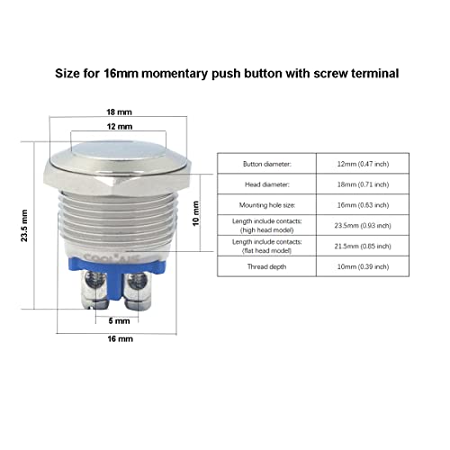 Куле Моментално Копче ЗА Притискање БЕЗ Прекинувачи SPST 16mm Водоотпорен Прекинувач За Притискање Моментален Со Терминали За Завртки 1A
