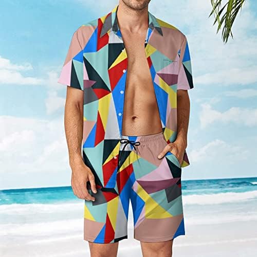 Weedkeycat Bauhaus Stylement Model Men's Beach Outfits 2 Piece Hawaiian копче надолу со кошула Краток ракав и Shorts Trunk Setts