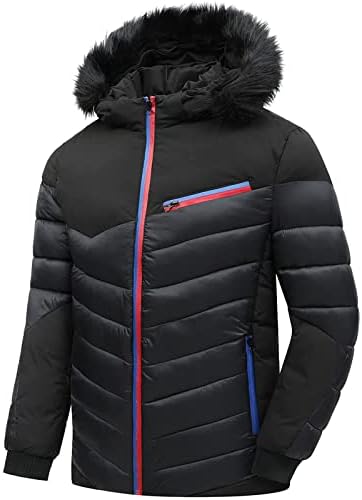 Shopessa Mens Puffer јакни во боја блок манжетна со долги ракави надолу зимски палта со faux крзно трим качулки јакни
