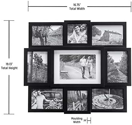 Малден рамка за слика со 9-отворање на колаж, направена да се прикаже една 5 x 7, две 4 x 4 и шест 4 x 6, црна