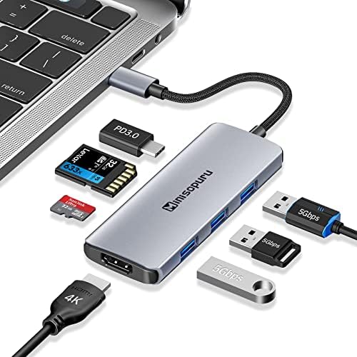 Usb C Hub Multiport Адаптер, MINISOPURU USB C Dock За Лаптоп, 7 Во 1 USB C Dongle со 4k HDMI, USB3. 0, 100w Напојува PD Порта, Tf/SD