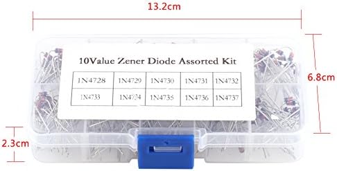 Fafeicy 200pcs Zener Diode, 1N4728 ~ 1N4737 Електронски комплет за асортиман, со кутија за складирање, диода