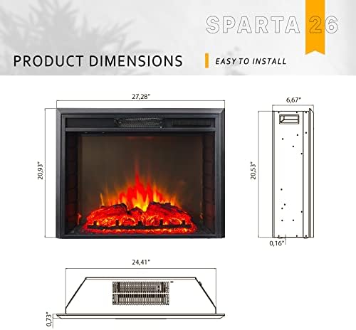 Fireblaze Електричен камин Спарта 26 инчи - Вметнување на огниште со рамен предно стакло со далечински управувач - прилагодливо