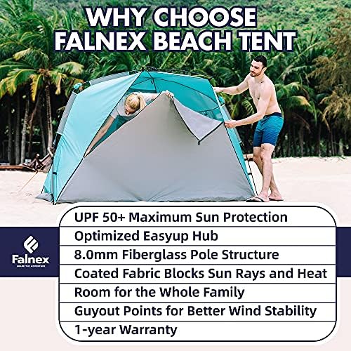Класик на шатори на плажа Falnex Beach Classic XL Double Silver Coiting UPF 50+ 4-6 лице Сонце засолниште на плажа сенка со продолжен патент
