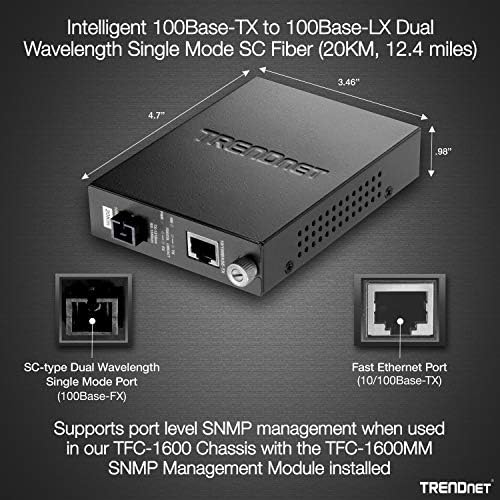 Trendnet Intelligent 100base-Tx до 100Base-Fx двојна бранова должина единечен режим SC Fiber Media Converter, Port Port, RJ-45, Заштита на