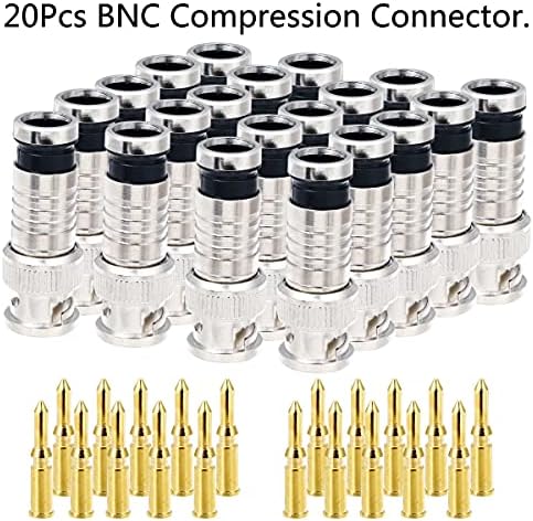 20 парчиња конектор за компресија на BNC 75 ом спојувач со бакарен пин за RG58-59 Crimper Video Plug Extension Coaxial Siamese Crimper