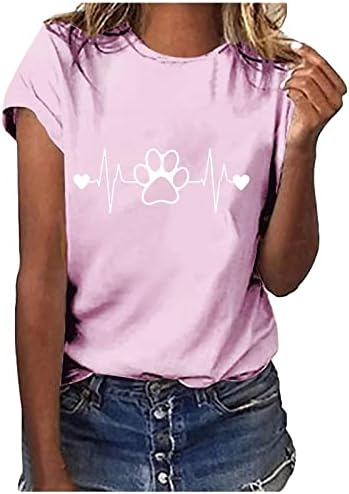 Валентин кошула за жени Симпатична кучиња шепа од шепа на срцев печатење маица лабава мода кратки ракави врвови обични тимови