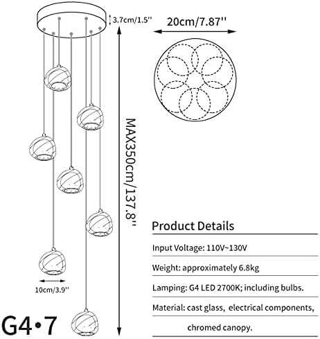 KJLARS CRISTAL CHANDELIER модерна светлина за приврзоци LED Raining Failing Light Light Crystal Ball Filing, 7 светла за скалила дневна соба