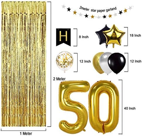 Црна И Златна 50-Ти Роденден Украси Банер Балон, Среќен Роденден Банер, 50-Ти Златна Фолија Балони, Број 50 Роденден Балони, 50 Години