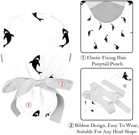 Работна Шапка со Копчиња &засилувач; Лента Врски За Жени 2 Пакувања, Сина Риба Шема Прилагодливи Унисекс Хируршки Капи Чистење Капа