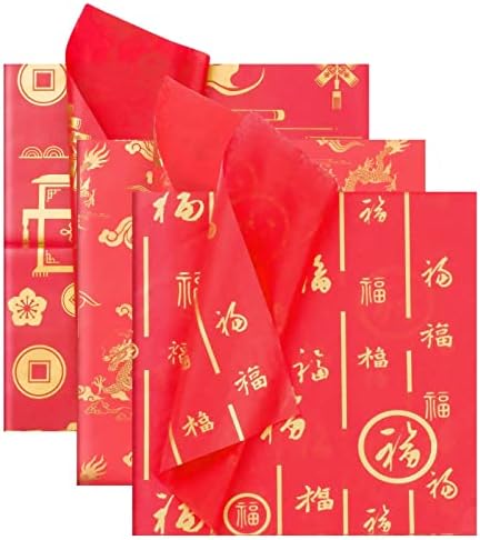 60 Листови Голема Големина Црвено Со Злато Кинески Фу Карактер Ткиво Хартија Рефус, 20 х 20 Новогодишен Дизајн Ткиво Хартија За Подарок Кеси