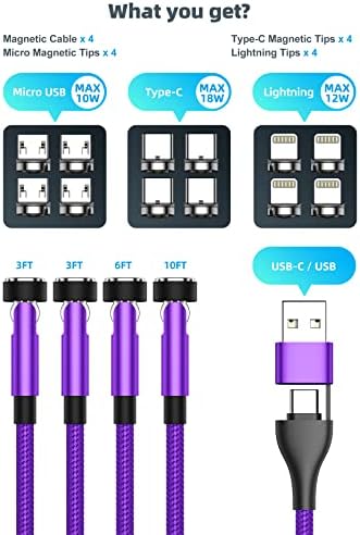 540 ° Ротација кабел за магнетно полнење, 5-во-1 магнетски полнач за телефон [4-пакет, 3/3/6/10ft] магнетски кабел USB A/Type