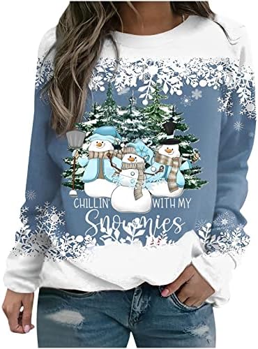 Божиќни врвови за жени Снежен човек печати обичен лабав долг ракав o врат џемпер зимска облека врвови
