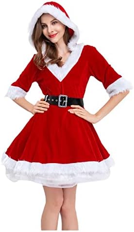 Божиќна костум на Санта Дедо Мраз со качулка со фустани со качулка со кадифени мини фустани Cosplay Дедо Мраз Фенси облека