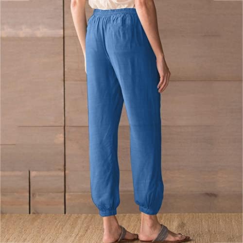 Pantsенски памучни постелнини панталони, летна обична удобност со јога со широко нозе, изгорен пантолонски панталони со џокери со џебови