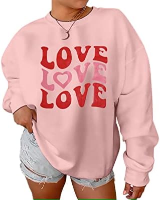 Lukycild Love Sweatshirtените жени кошули за Денот на вineубените смешни графички долги ракави лесни кошули за одмор дуксери врвови врвови