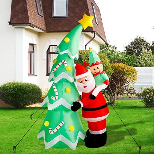 7ft Божиќно надувување дрво со Дедо Мраз, Божиќни надуени украси на отворено, Божиќни дворни украси со LED светло вградено за