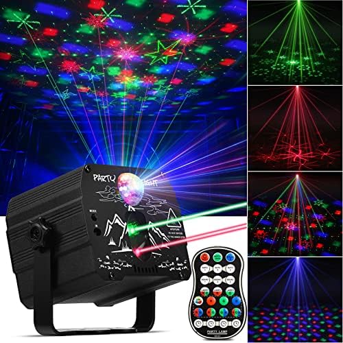DJ Disco Stage Party Lights со ласер и проектор топка, преносни светла со бујни светла со звук активиран и далечински управувач, декорација