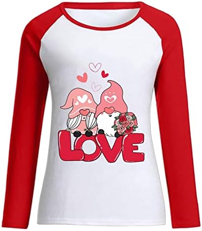 Женски Романтични Гном Графички Кошули Денот На Вљубените Љубов Срце Блузи Долги Ракави Боја Блок Пуловер Дуксер