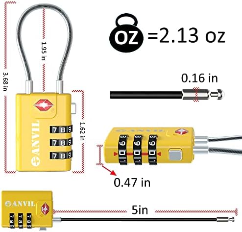 Брави со кабелски багаж одобрени од Anvil TSA 3 цифра комбинација со кабел за челик со цинк легура идеално за куфер за патувања, ранец,