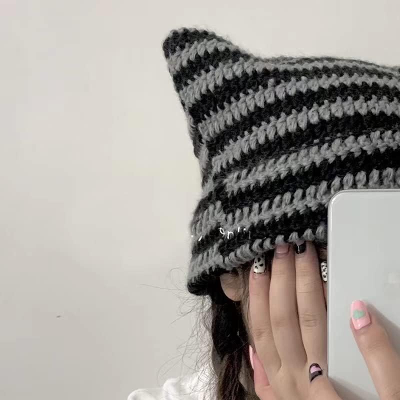 Wellcalmly Капчиња со капчиња за жени мачка beanie гроздобер, жени, жени гранџ додатоци, слабини за жени