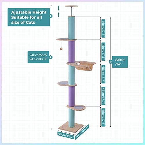 Меусир Мачка Дрво Кат До Таван Мачка Кула Со Прилагодлива Висина 5 Нивоа Мачка Качување Дрво Со Целосно Мачка Гребење Пост, Голема Импровизирана