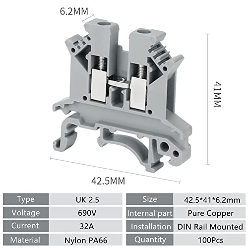 Пинглин 100 ПАРЧИЊА Дин Железнички Терминални Блокови, ВЕЛИКА БРИТАНИЈА 2. 5Н 24-12вг Терминални Блокови Завртка Тип УЛ 690В 32А, ВЕЛИКА БРИТАНИЈА 2. 5Н Универзална Комбина?