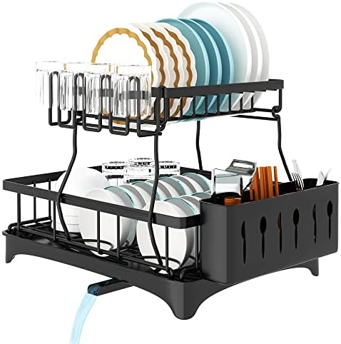 Yqyho 2-нивоа лавици за сушење на садови за кујнски бројач со 360 ° повлечен систем за дренажа, со голем капацитет за колапс анти-корозивен